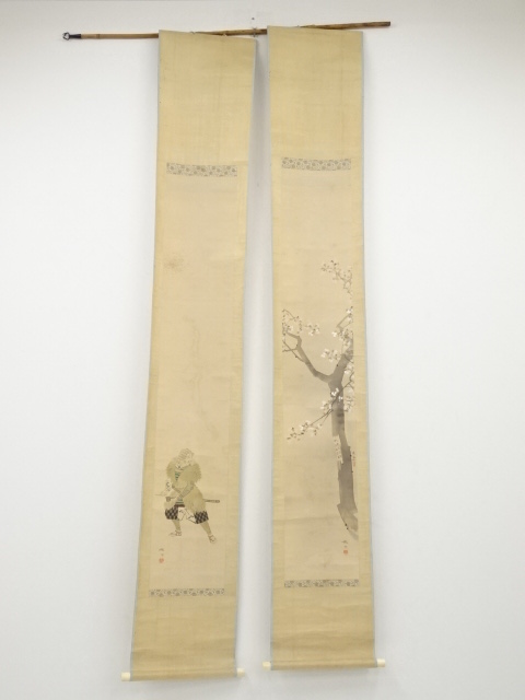 道具 ] - 道具 松本楓湖筆 児島高徳桜 双幅 肉筆絹本掛軸（共箱）□z